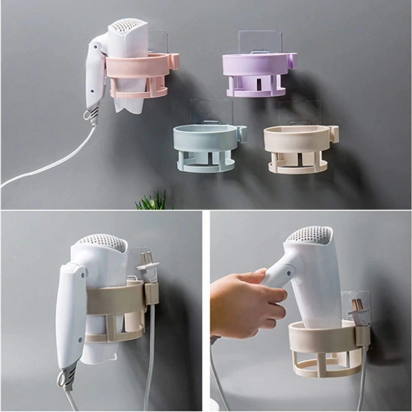 Plastic Self Adhesive Hair Dryer Holder Bathroom Wall Storage Shelf Organizer Stand, (Multi Color) - 1 Pc 